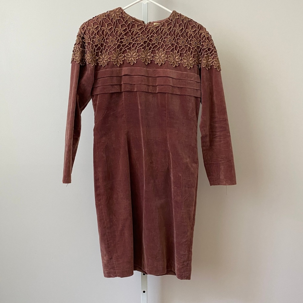 VTG Ben Ma‎ Shien Cotton Velvet Dainty Victorian Lace Crochet Mini Dress S Mauve